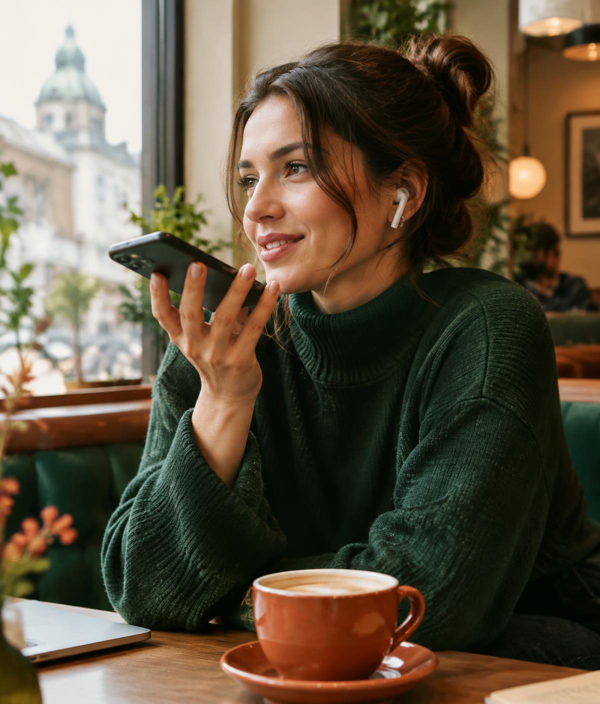 A learner practicing spoken French on her phone in a café